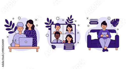 Work from home era tech team with laptop app and web call on sofa in office