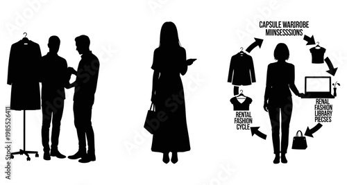 Fashion silhouettes in capsule wardrobe concept and retail discussion against white background