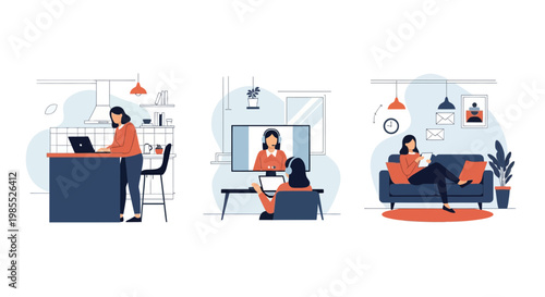 Young woman working from home at kitchen desk having video call and relaxing on sofa with tablet