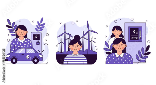 Woman using electric car wind turbine and smart home device for green renewable energy future