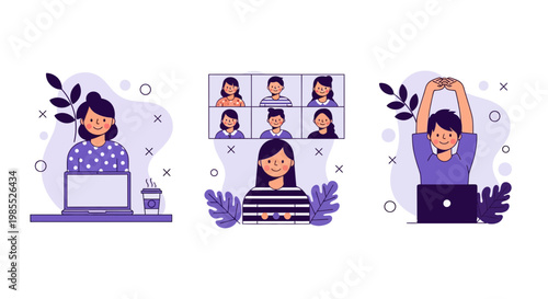 Work from home video call desk and sip tea or stretch to stay fit now