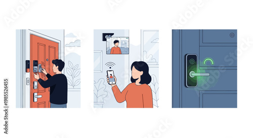 Modern smart home security system with digital door lock and mobile video doorbell application for house safety