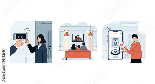 Smart home tech set with thermostat family watching TV and app for smart robot vacuum