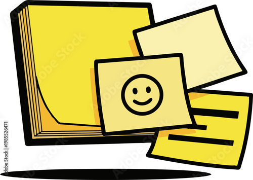 Sticky Notes Stack and Scattered Yellow Papers with a Happy Face Illustration