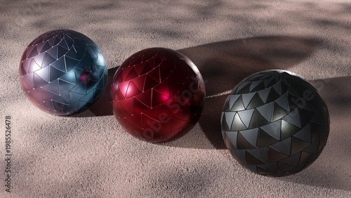 Three metallic mosaic balls in modern design setting