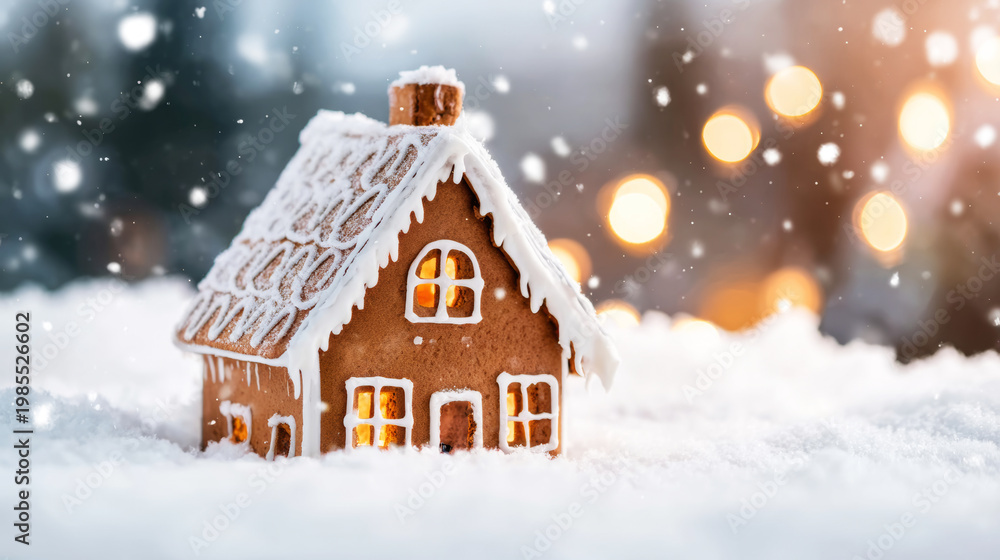 Fototapeta premium Gingerbread house decorated with white icing, sitting in fresh snow with illuminated windows, warm bokeh lights completing a christmas atmosphere