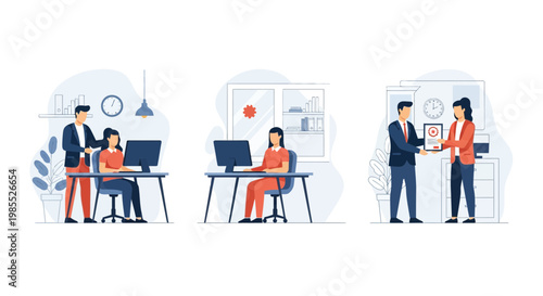 A man helps a woman at work and she gets a new award at office