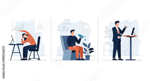 Healthy employees practicing wellness habits like stretching drinking water and using standing desks in office spaces