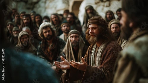 Ancient Israeli rabbi teaching a group of people, symbolizing wisdom, faith, and spiritual guidance in a historical biblical setting with attentive followers.