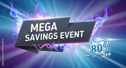 Graphic with dark geometric shape displaying text, and icy flame effects, representing promotional sale with significant discount, good for advertisement