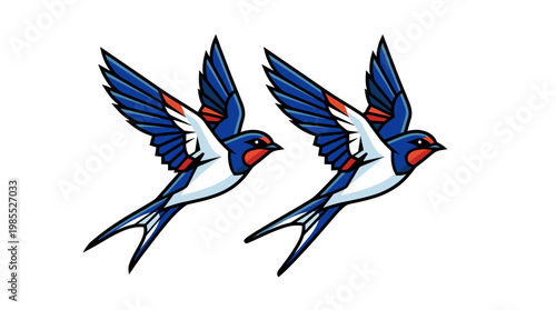 Two colorful birds in flight formation.