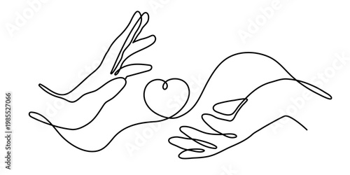 Hands one line art, love feeling concept continuous contour drawing, hand-drawn Valentine's day decoration. Romance, engagement and marriage symbol. Editable stroke. Isolated. Vector illustration