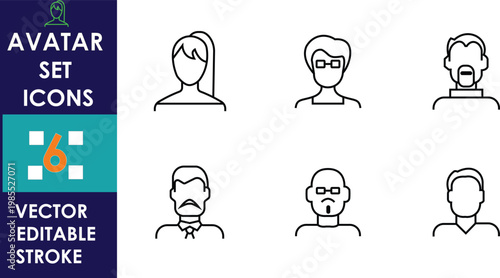 Minimal avatar icon set showing six male and female profile outlines with editable stroke vector style, perfect for user interface, contact, website, and design