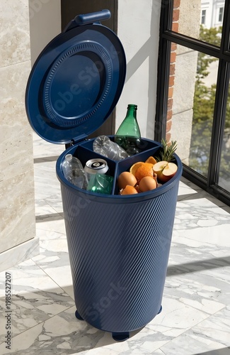 Blue cylindrical recycling bin with open lid showing organized waste separation of plastic, metal, glass, and organic items indoors under natural sunlight near a window