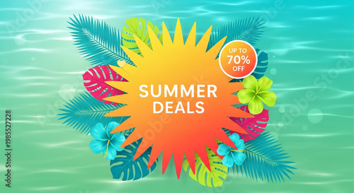Illustration of Summer Deals, leaves and flower ornament on water background, showcasing season sale promotion, offering discounts and free space