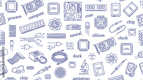 Computer hardware and semiconductor technology doodle icon pattern for tech education, engineering documentation, and IT industry design