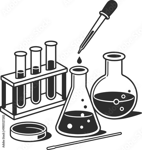 Laboratory Glassware Science Experiment Illustration with Flask Test Tubes and Pipette.