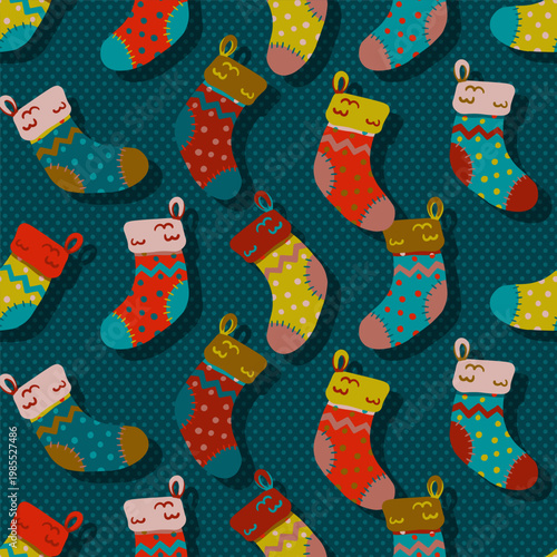 Multicolor Christmas Hanging Stockings Vector Seamless Pattern