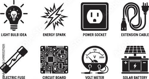 Electricity icons, power symbols, energy signs, circuit elements, solar battery