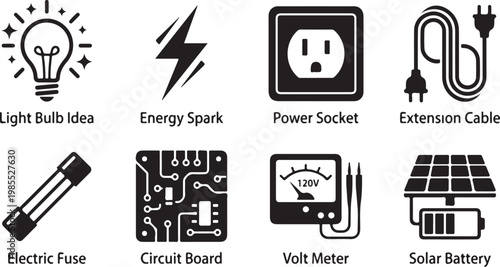 Electricity icons, power symbols, energy signs, circuit elements, black and white vector graphics