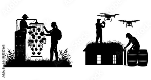 Farmers harvesting grapes with drone surveillance during sunset silhouette