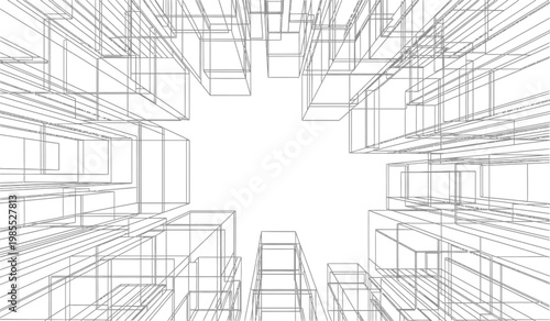 An abstract architectural rendering showcases a complex network of linear structures forming a cityscape viewed from below as a silhouette high quality professional detailed