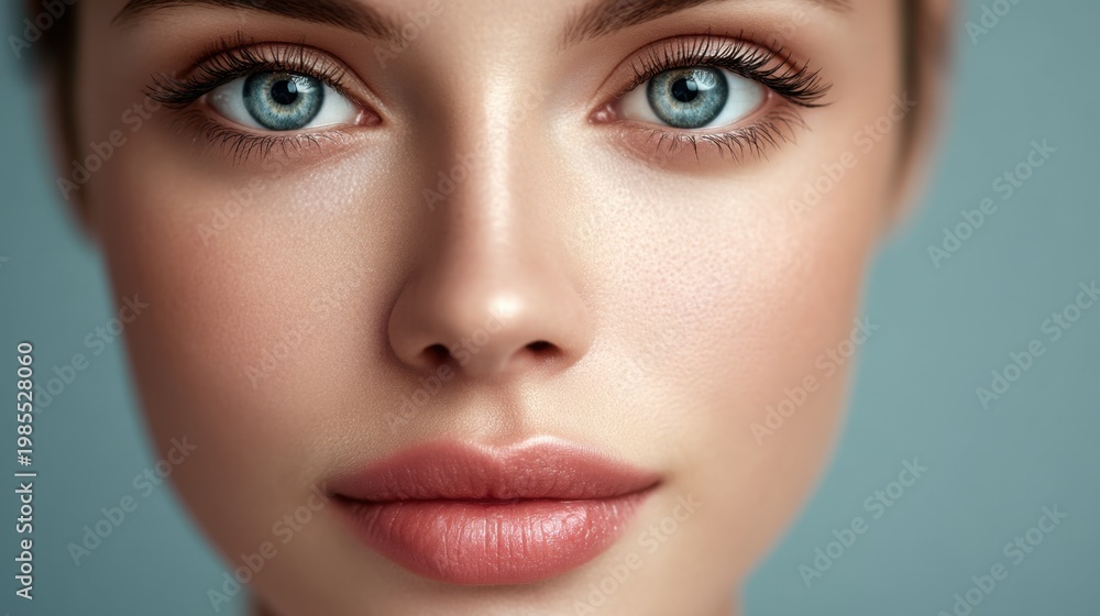 Fototapeta premium Close-Up Portrait of a Young Woman with Striking Blue Eyes and Radiant Skin, Capturing Natural Beauty and Elegance for Beauty and Fashion Themes