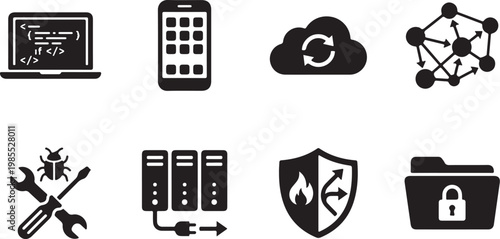 Technology icons, cybersecurity symbols, data protection graphics, network security illustrations