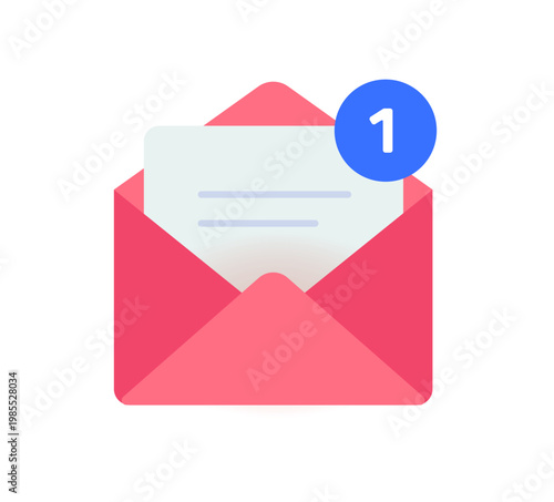 New email mail message letter notification notice in inbox badge icon modern vector graphic illustration, minimal open envelope with text document received and circle alert image clip art
