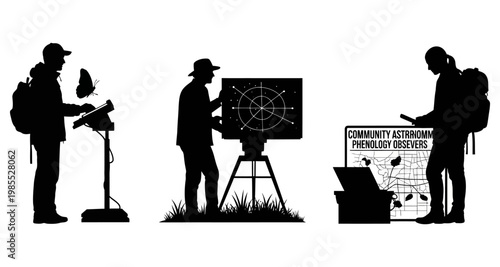 Scientists observing nature with equipment and maps during daytime silhouette