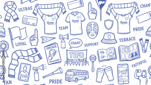 Football fan culture and supporter loyalty doodle pattern for club merchandise, terrace atmosphere, and community identity design