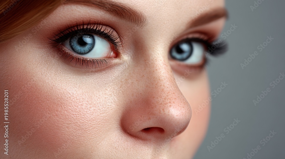 Fototapeta premium Close-up Portrait of Young Woman with Blue Eyes and Flawless Skin Showcasing Natural Beauty and Careful Makeup in Natural Light Setting