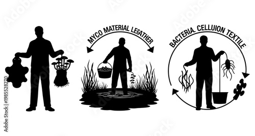 Silhouette of people collecting natural materials for sustainable textile innovation