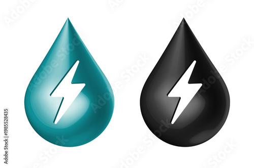 Water energy drop or oil fuel electricity hydro power black blue modern 3d icon graphic illustration set, hydropower petroleum gasoline liquid droplet logo, hydroelectric technology lightning bolt
