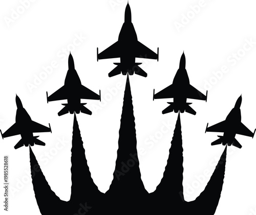 Five fighter jets in formation silhouette flying aircraft