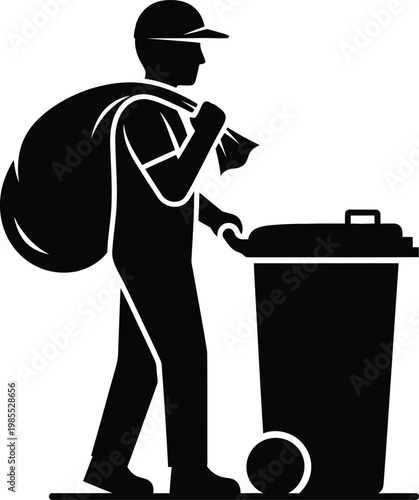 Man in cap with large backpack throwing trash into wheelie bin