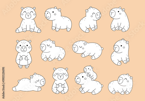 Cute capybara coloring page, Kawaii capybaras in various poses,   Funny rodent coloring book for kids and adults, Animal doodle outline.