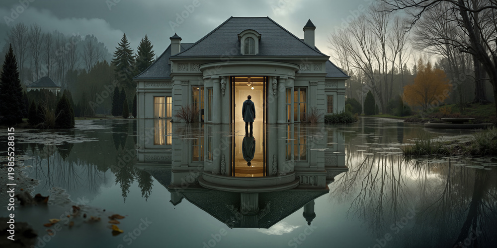 Fototapeta premium Quiet figure in shadowed doorway. Dusky landscape with solitary watcher standing proudly