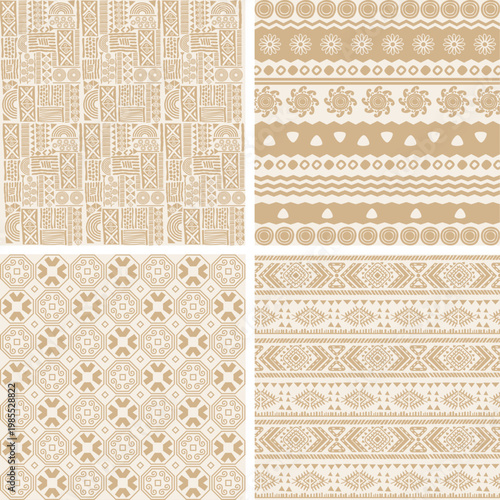 Artisan Ethnic Seamless Pattern Set, Hand-Drawn Minimalist Tribal Geometries in Sand Beige for Organic Branding, Boho Textile Design and Earthy Home Decor