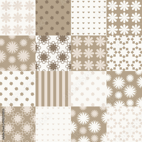 Neutral Beige Patchwork Seamless Pattern Set, Minimalist Scandi Floral and Geometric Tiles for Baby Nursery Decor, Coffee and Milk Aesthetic Scrapbooking Backgrounds