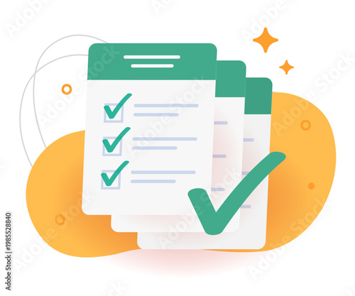 Survey form checklist test exam results icon modern vector graphic illustration, passed success questionnaire document check mark, approved paper quality evaluation inspection report clip art