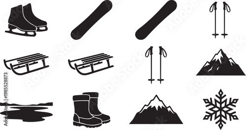 Winter sports icons, ski and snowboard symbols, ice skate graphics, mountain silhouette illustrations