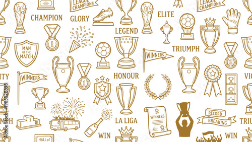Football championship glory and trophy celebration icon pattern for sports award, winners branding, and victory-themed design projects