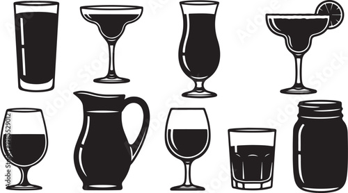 A collection of traditional and modern wine glasses in black and white sketch Vector
