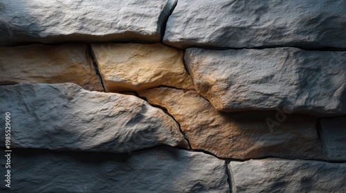 Detailed close-up view of textured stone wall with natural cracks and variations in color highlighting the beauty of rugged geological formations