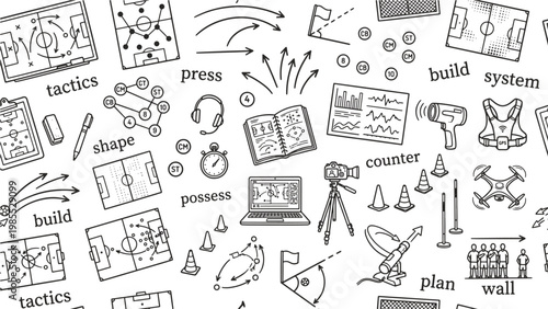 Football coaching tactics and strategy doodle pattern for sports education, broadcasting design, and training material backgrounds