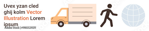 Delivery, logistics, global shipping, transportation, courier service, international trade. An orange truck, a walking person and a globe. Delivery and logistics concept