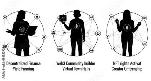 Silhouettes connecting global network nodes illustrating decentralized finance and Web3 concepts