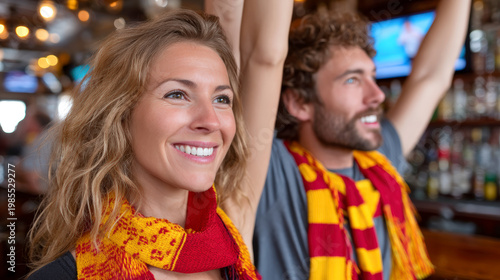 Spanish football fans celebrating goal watching World Cup 2026 match in pub