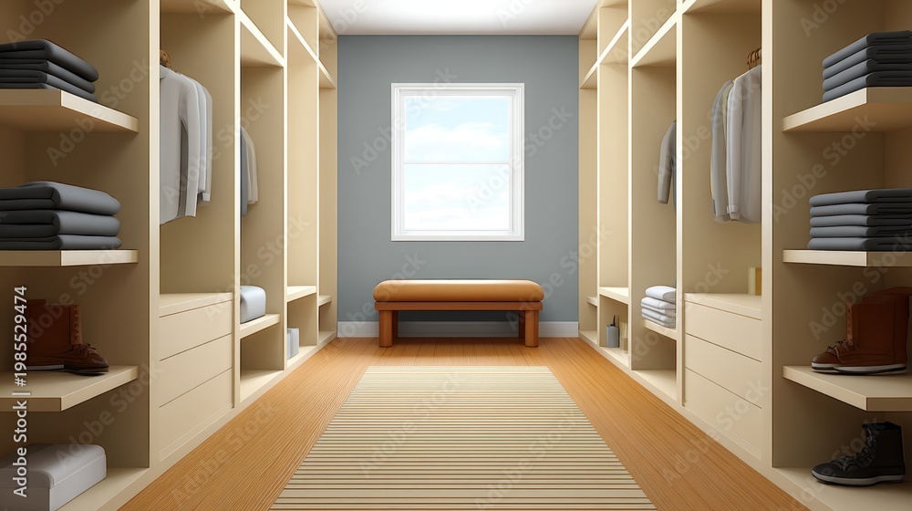 Fototapeta premium Spacious and Modern Walk-in Closet Interior with Organized Shelves, Comfortable Bench, and Soft Natural Light Streaming Through the Window